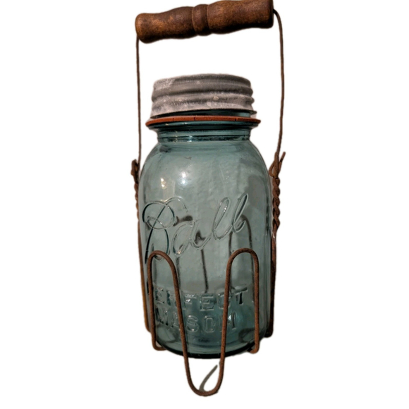 Vintage Blue Ball Perfect Mason Jar with Wire Holder Wood Handle & Zinc Lid - Picture 1 of 12
